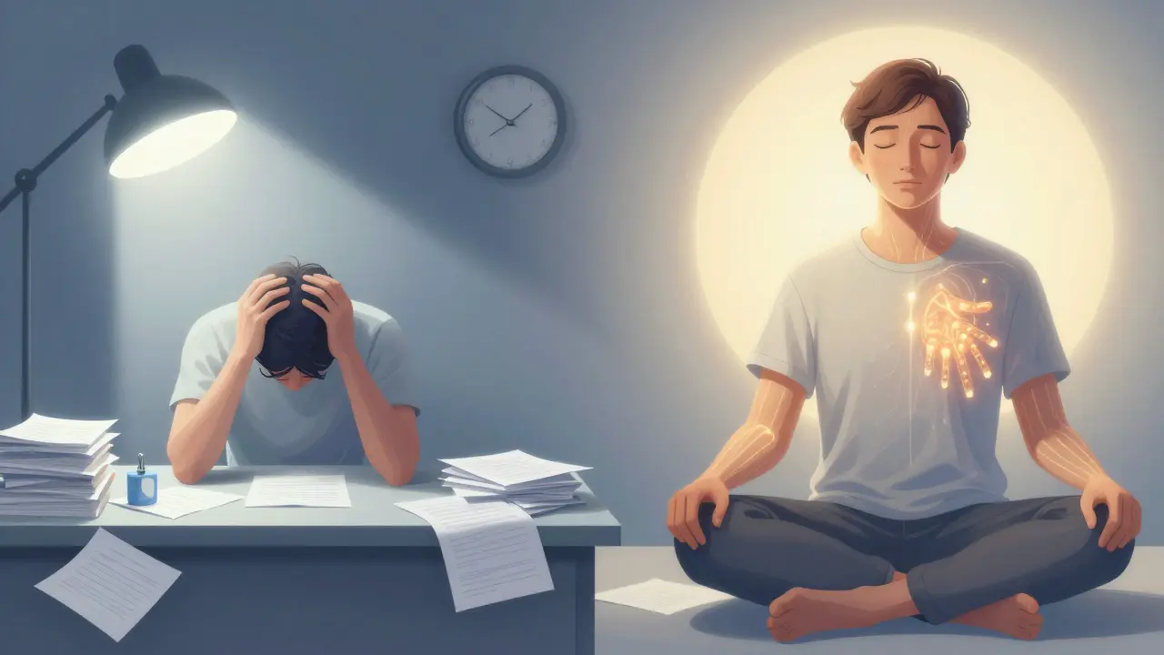 Dual image showing transformation from stress to calm, with subtle golden energy lines representing restored inner harmony.