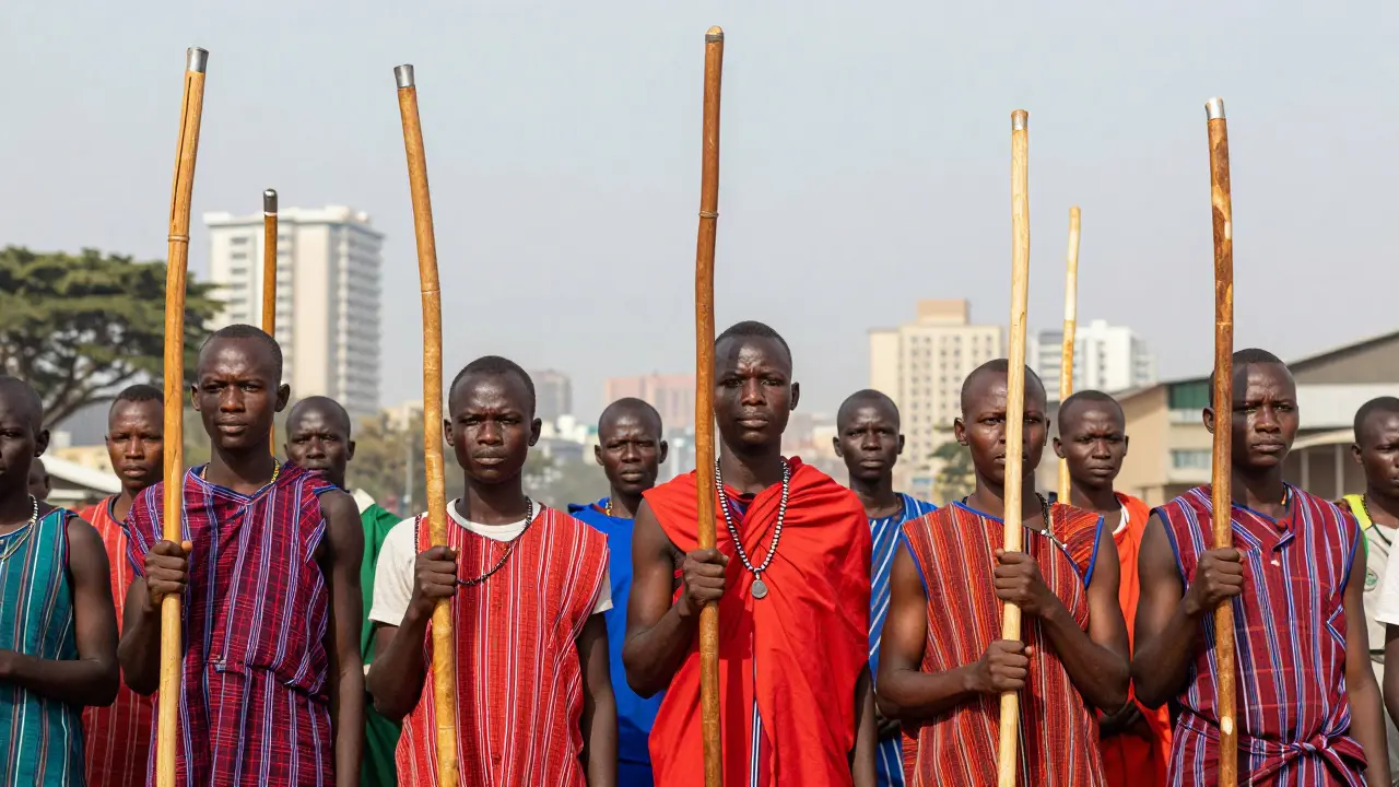 Maasai youth stand in protest, holding rungus upright as symbols of cultural pride.