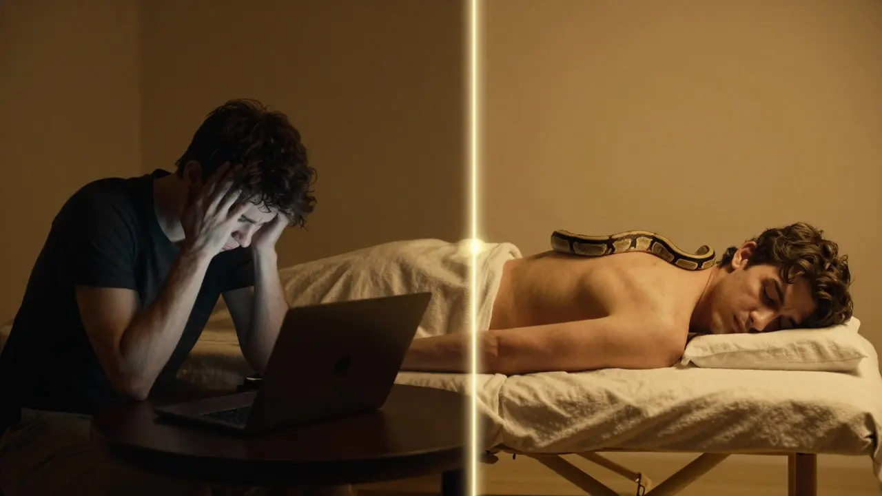 Split image: stressed person at laptop contrasts with peaceful person receiving snake massage in golden light.