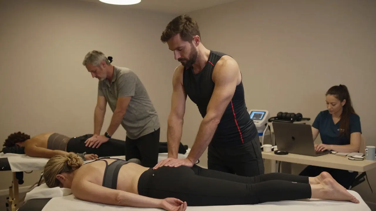Three people of different ages receiving targeted sports massage in a calm clinic setting.
