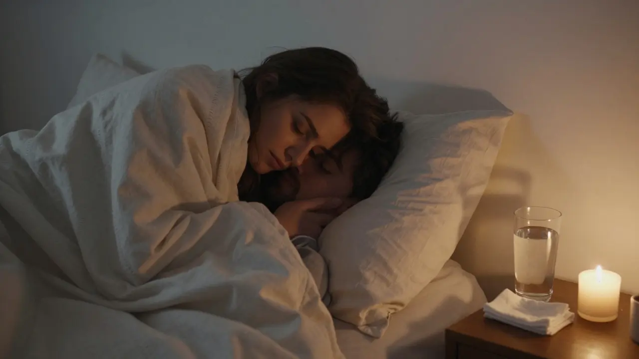 Two partners wrapped in a blanket, foreheads touching in quiet aftercare, candlelight fading as dawn approaches.