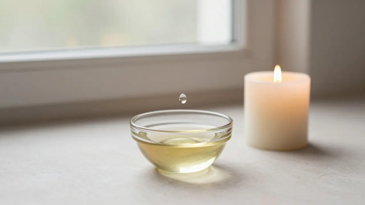 A glass bowl of warm oil and an unlit candle with a single drop of essential oil suspended in mid-air.