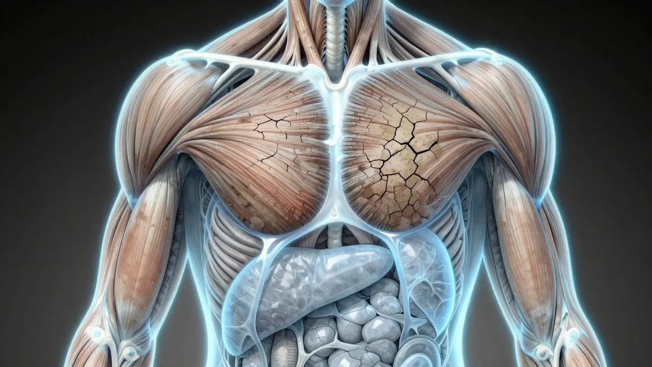 An artistic depiction of the fascia network as a translucent web, showing stiff and smooth tissue regions with glowing light.