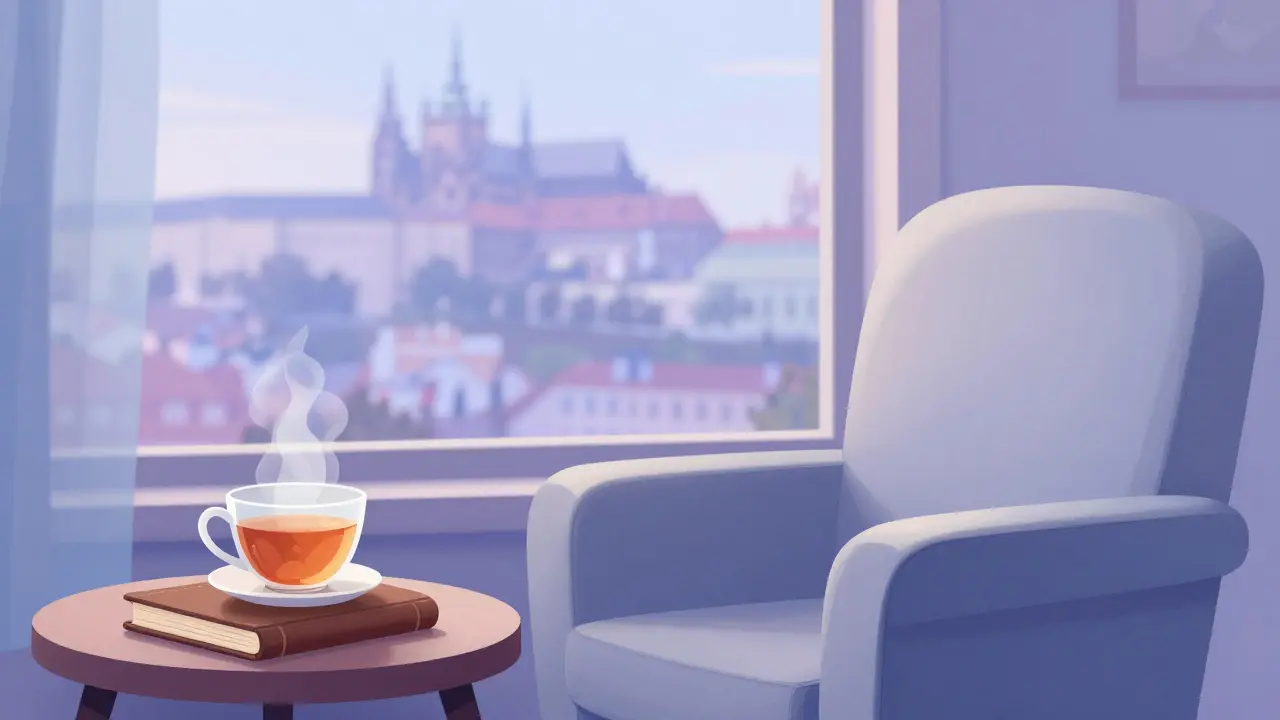 Chair facing window with view of Prague Castle and tea.