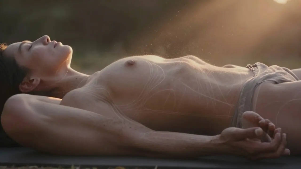 Close-up of hands resting on belly in Reclining Bound Angle Pose, with gentle light highlighting the moment of stillness.