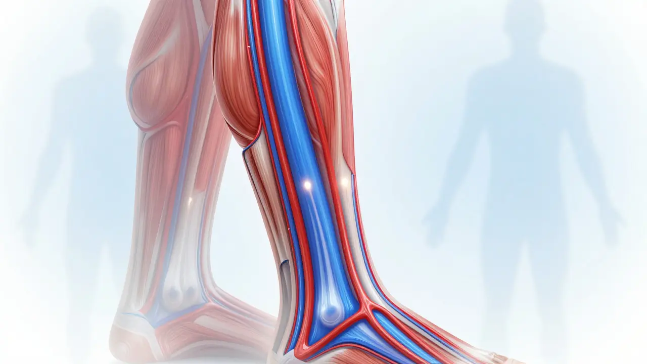 Cross-section of leg showing lymph and blood flow enhanced by compression pressure.