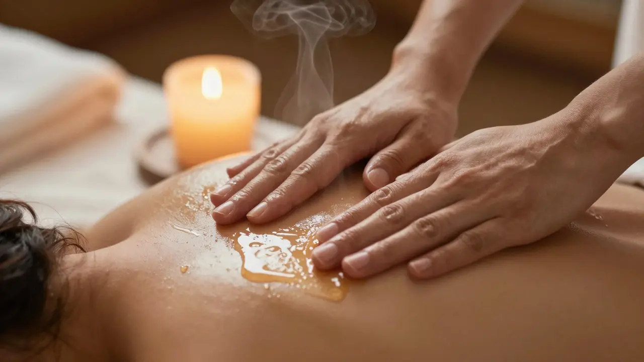 Hands massaging skin with warm oil, illuminated by the soft glow of a beeswax candle.