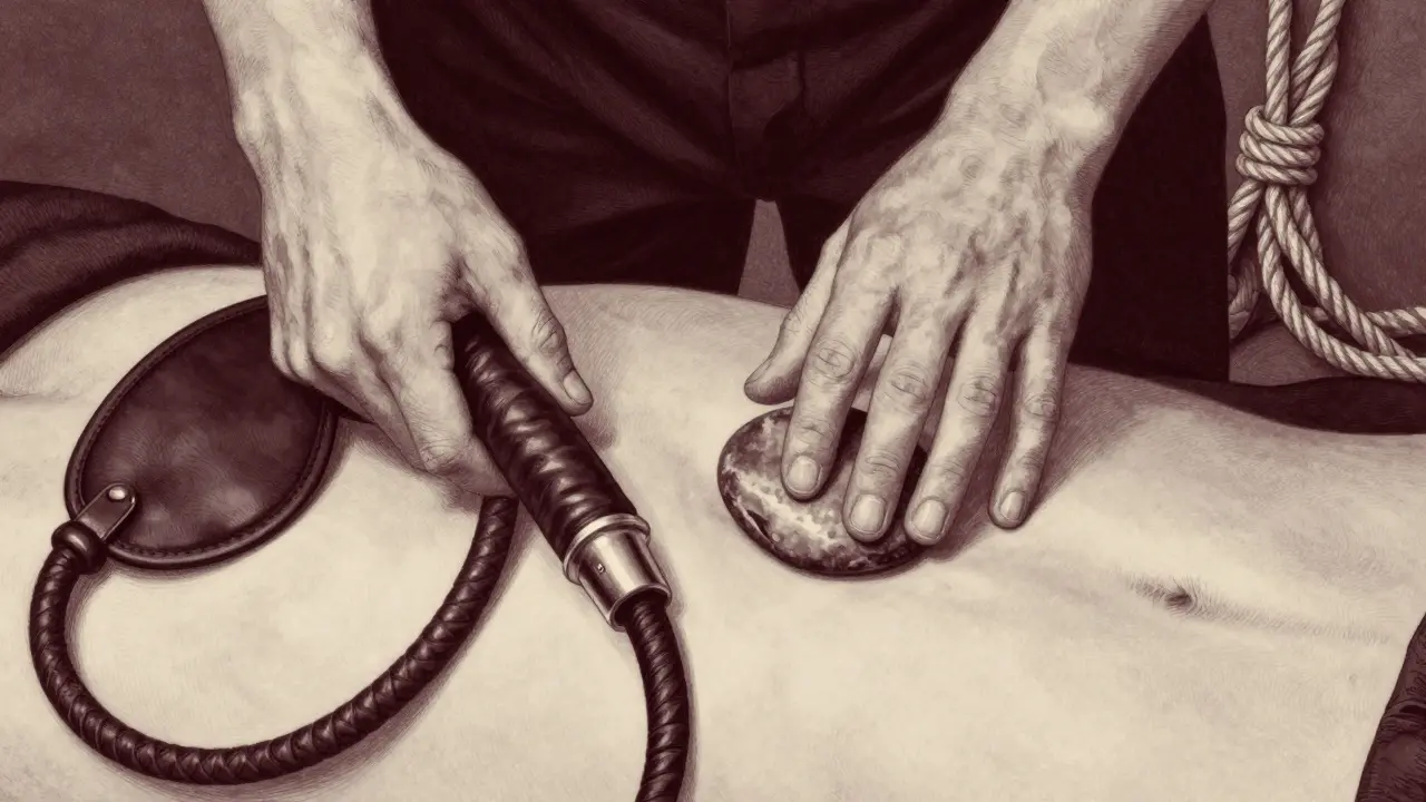 Hands preparing sensation tools—flogger, warmed stone, and blindfold—on a bare back, no faces shown.