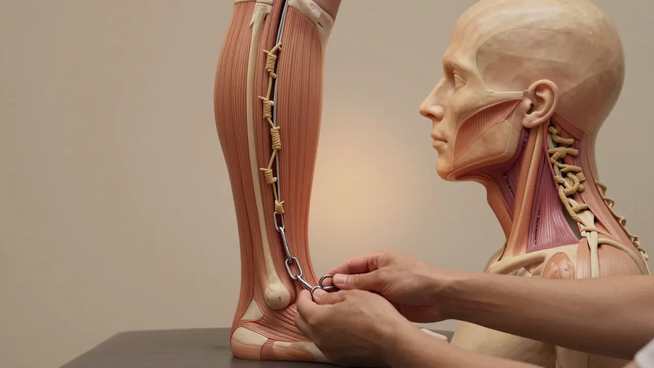 Human body illustrated with fascia as knotted ropes, being gently unraveled from feet to head.