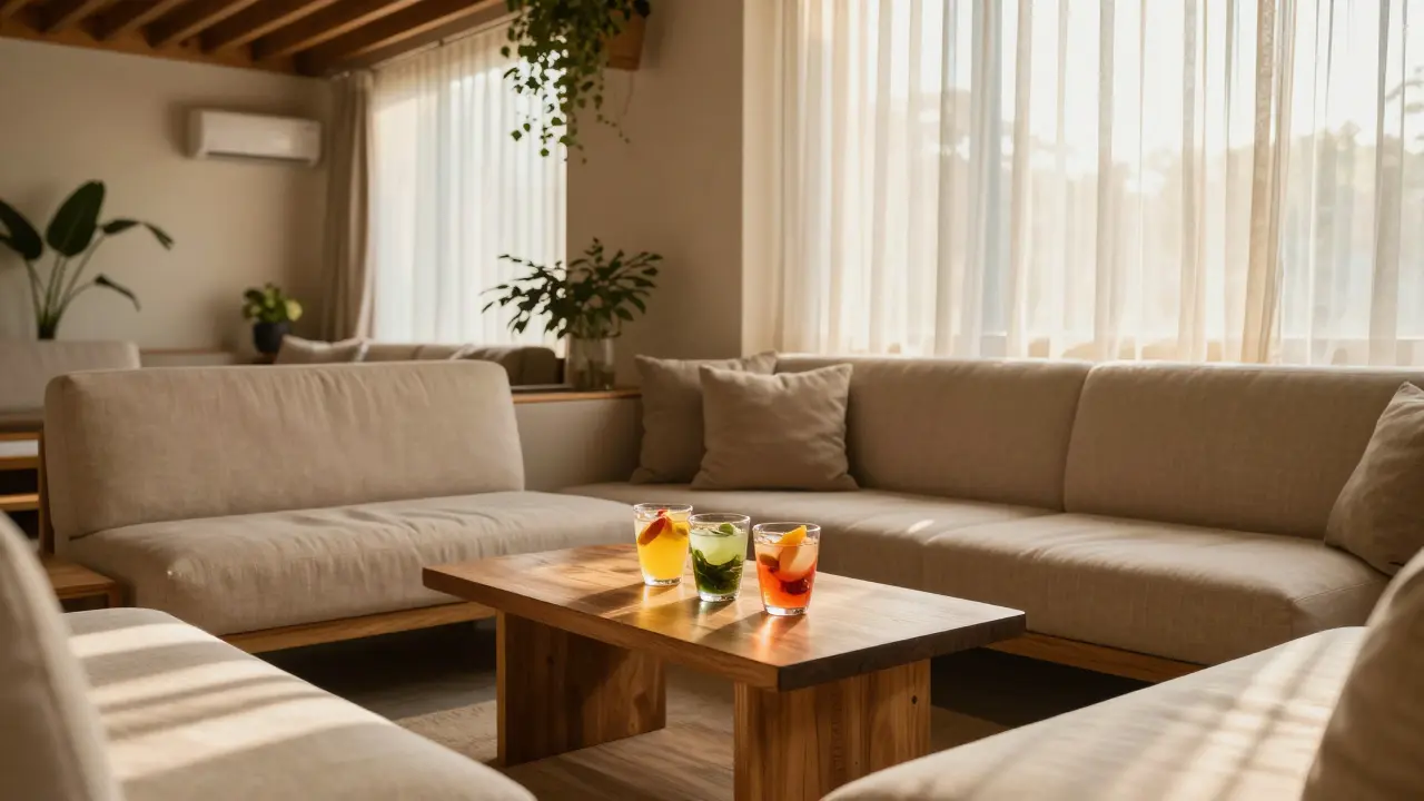 Quiet lounge with herbal drinks and natural light.