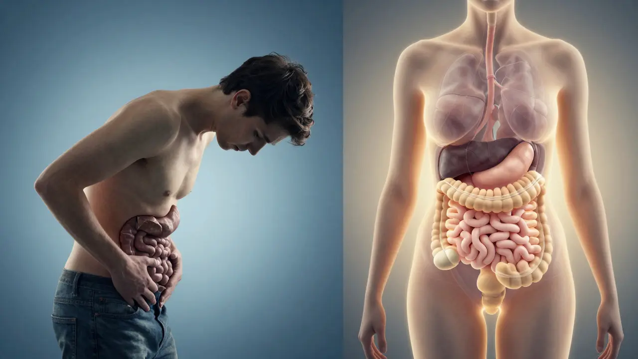 Surreal before-and-after image of a compressed stomach transforming into a relaxed, glowing abdomen.