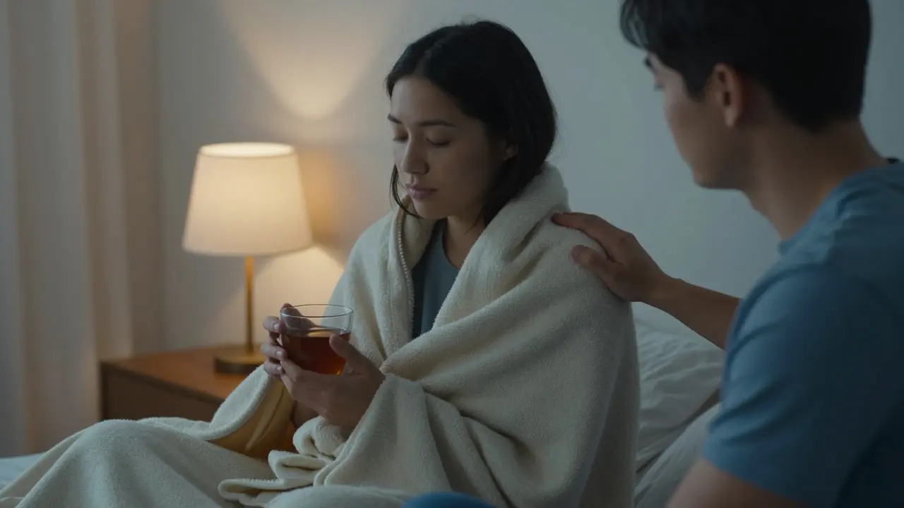 Two people in quiet aftercare, one wrapped in a blanket holding tea, the other offering gentle support.