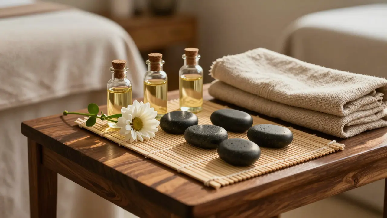 Wellness stones and organic oils on wooden table.