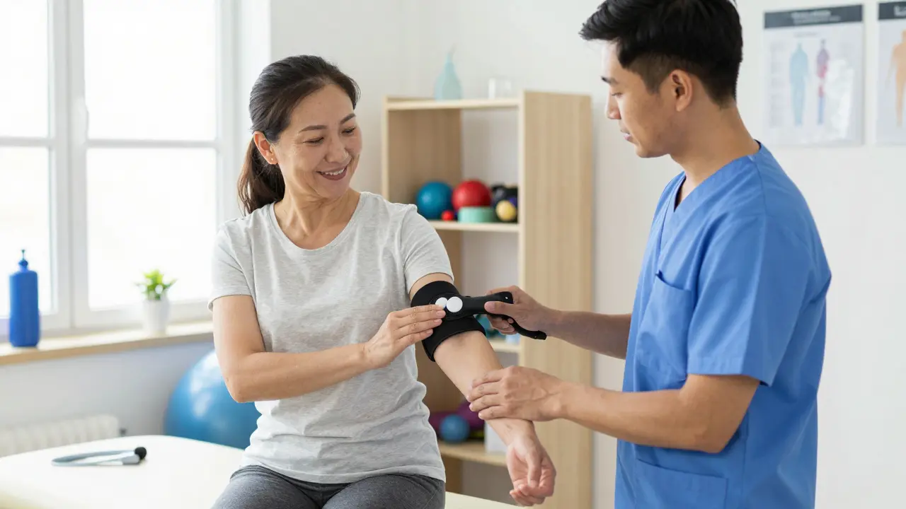 Woman using handheld compression device with physical therapist in clinic.