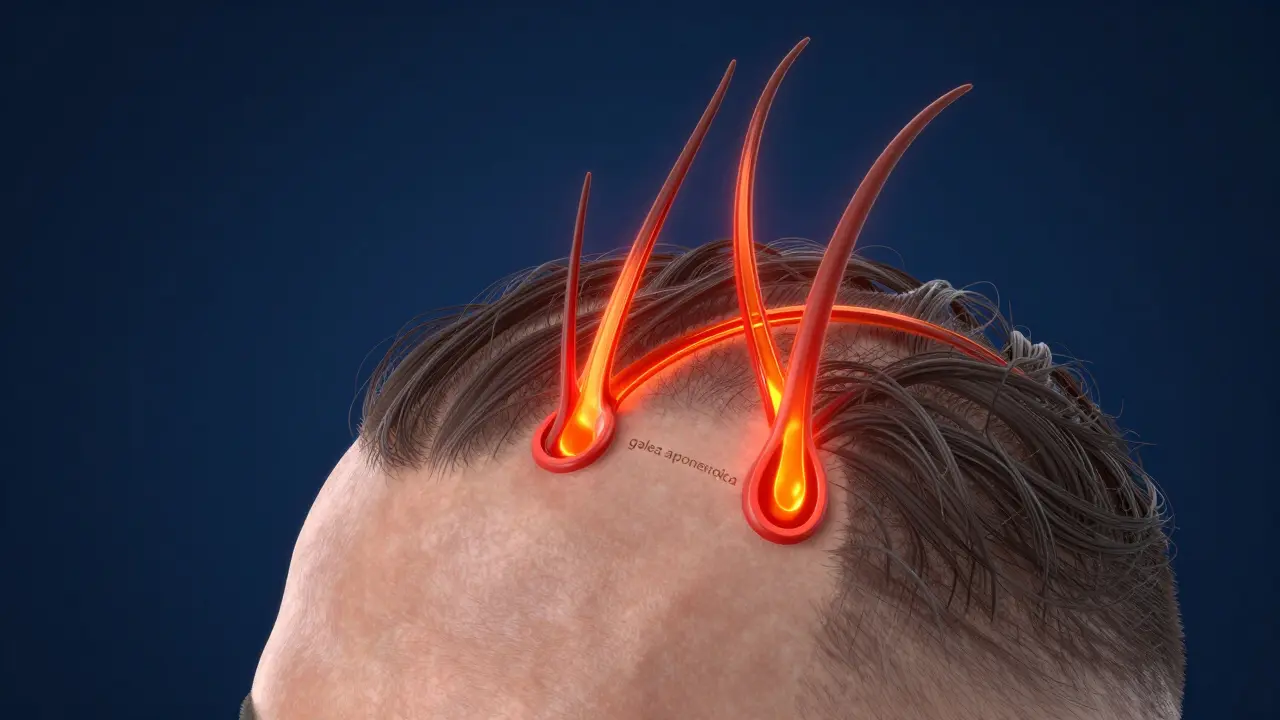 3D medical illustration of a scalp showing increased blood flow to hair follicles.
