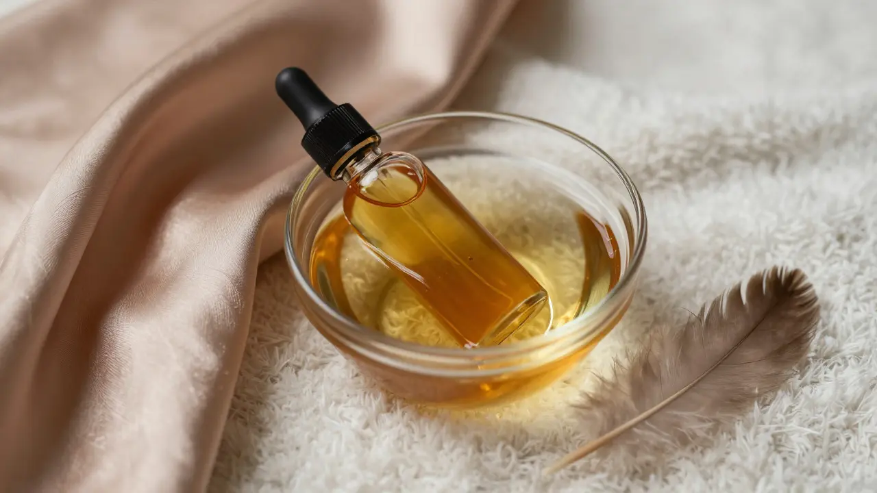A bottle of massage oil warming in water next to silk fabric and a soft feather.