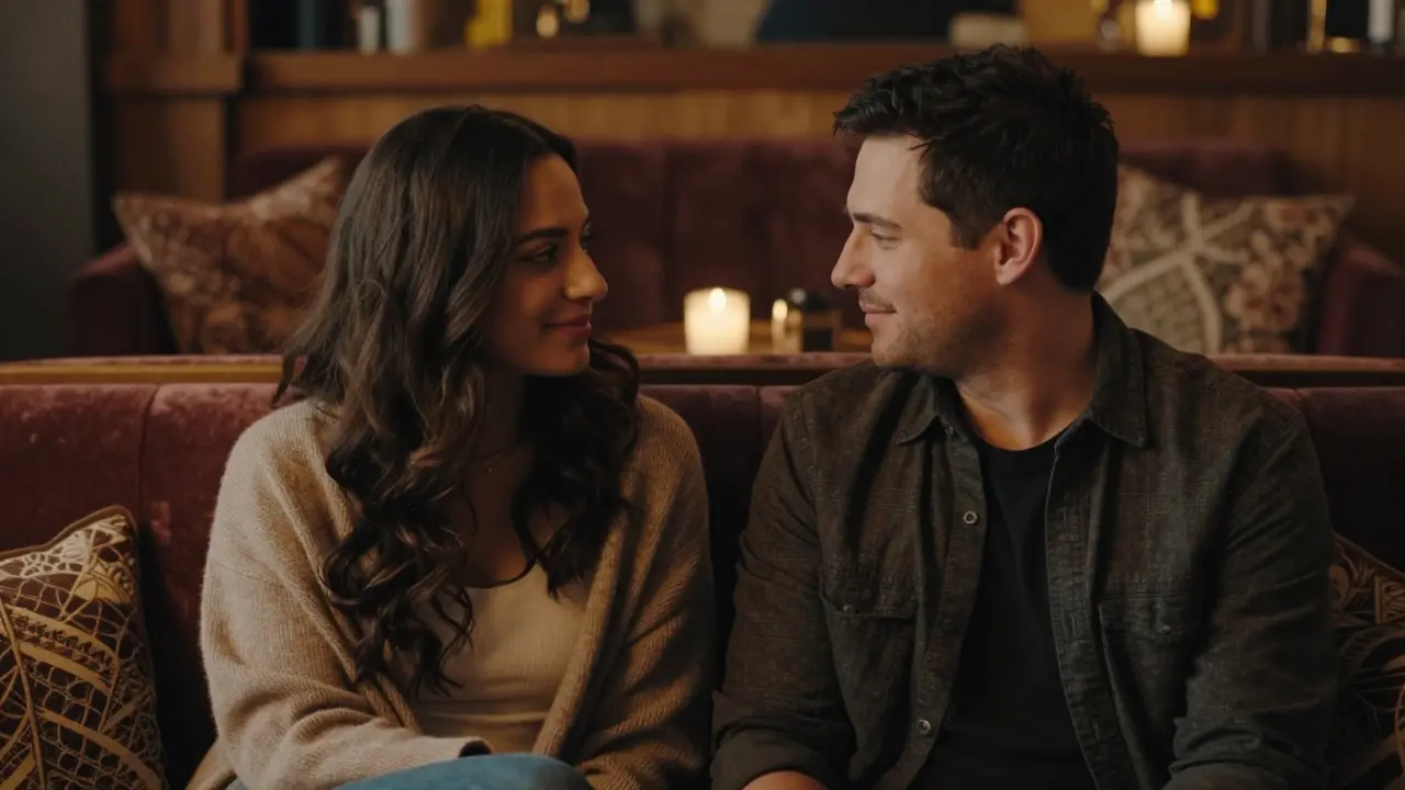 A man and woman sharing a warm, flirtatious conversation in a cozy lounge.