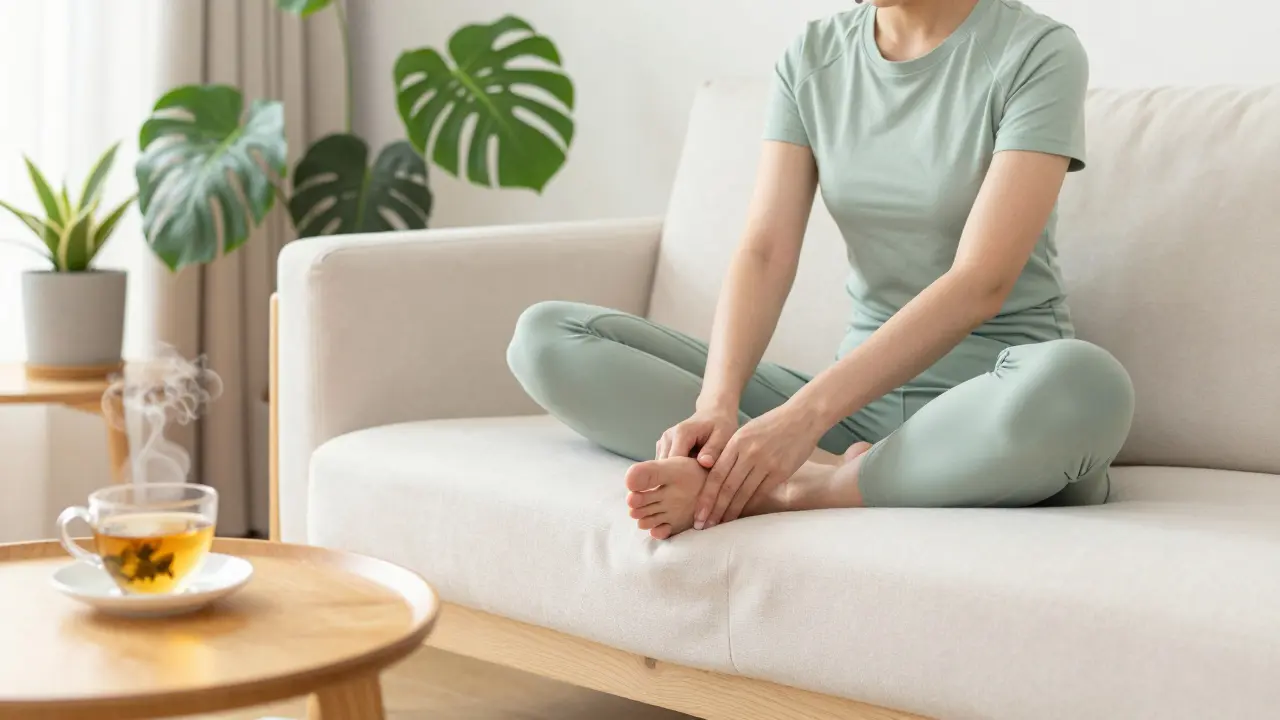 A person practicing acupressure on their foot while relaxing in a bright, peaceful living room