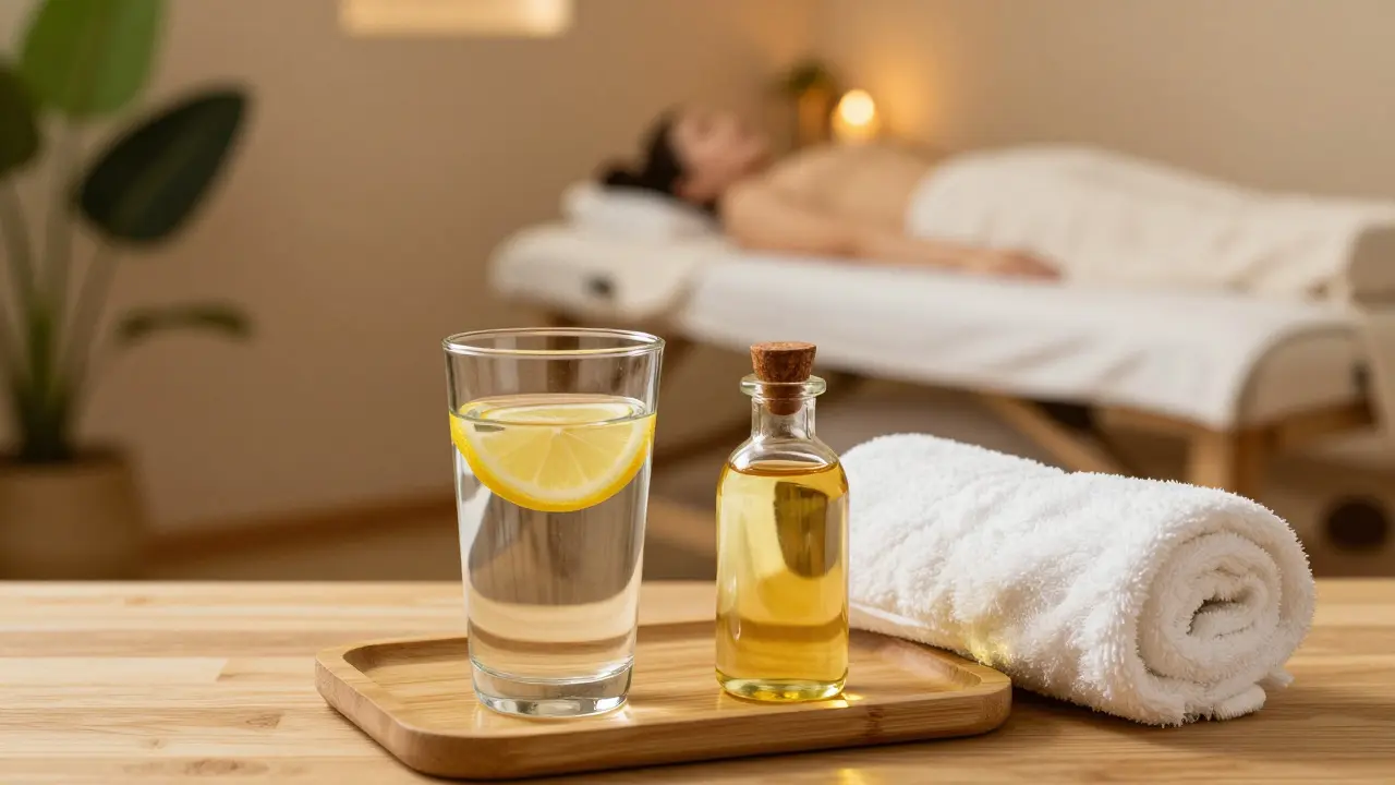 A spa tray with a glass of lemon water and massage oil in a serene, warm wellness room.