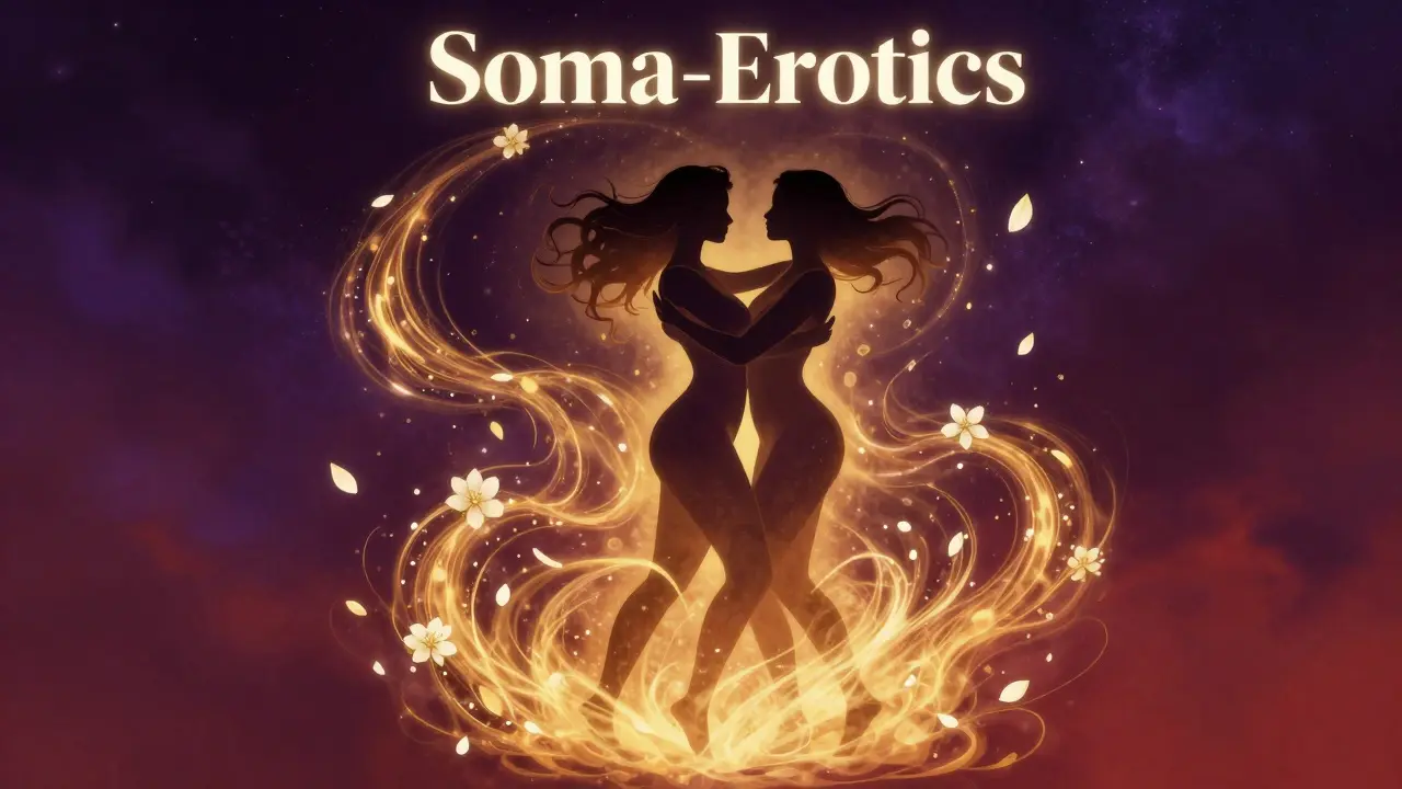 Abstract illustration of two female silhouettes surrounded by golden energy waves.