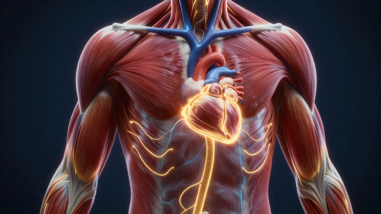 Abstract visualization of golden blood and lymph fluid flowing toward the heart in a human body.