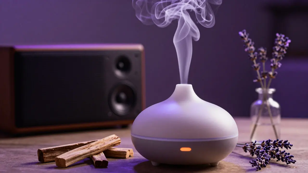 An essential oil diffuser with sandalwood and lavender in a dimly lit, serene room.