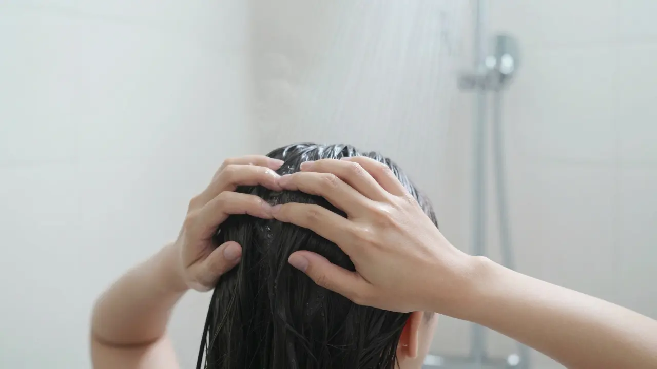 Close-up of hands performing a scalp massage technique in a steamy, bright bathroom.