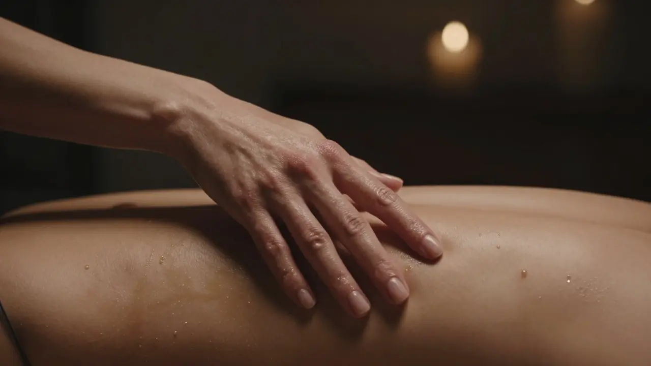 Close-up of oiled hands performing a graceful, synchronized sensual massage.