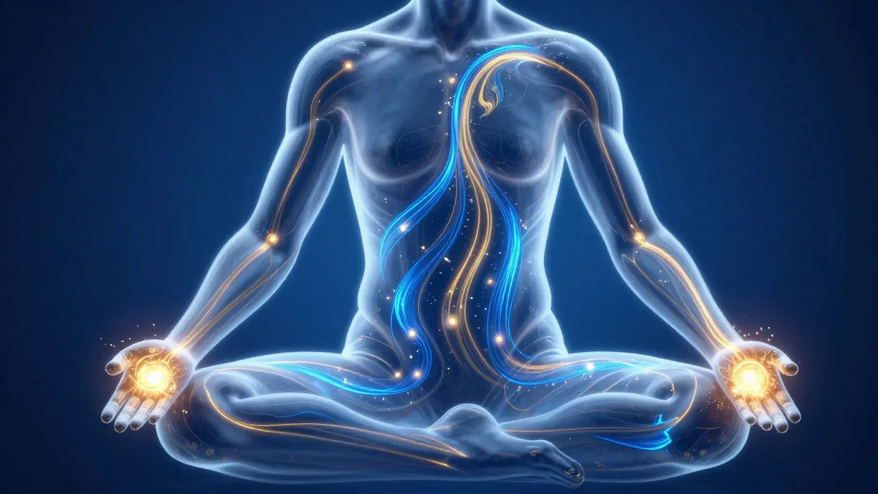 Conceptual illustration of glowing energy flowing through a human body during acupressure
