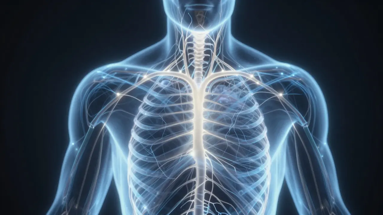 Abstract illustration of glowing nervous system and body awareness