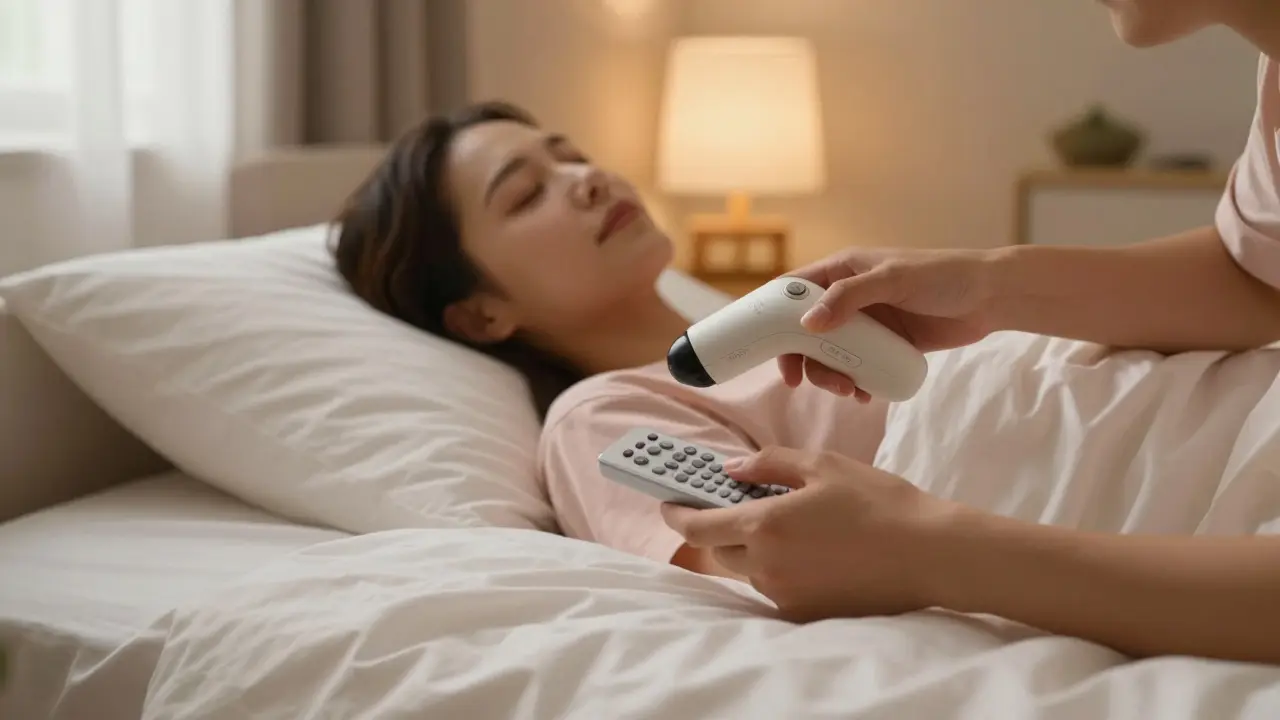 Couple sharing intimate moment with massage device