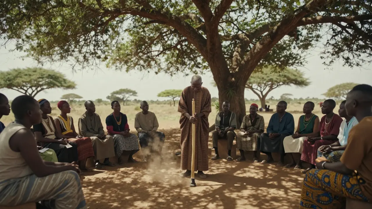 Elder holding a rungu during a traditional village council meeting.