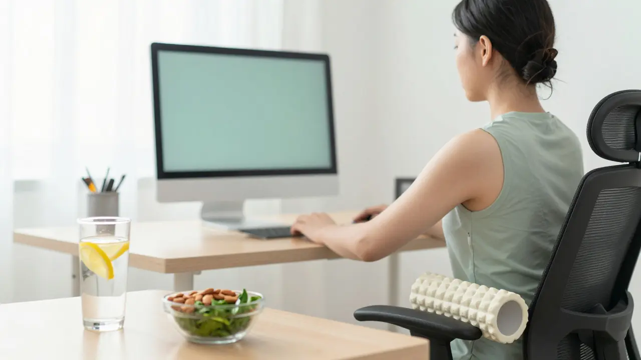 Ergonomic workspace with water, healthy snacks, and a foam roller for muscle prevention.