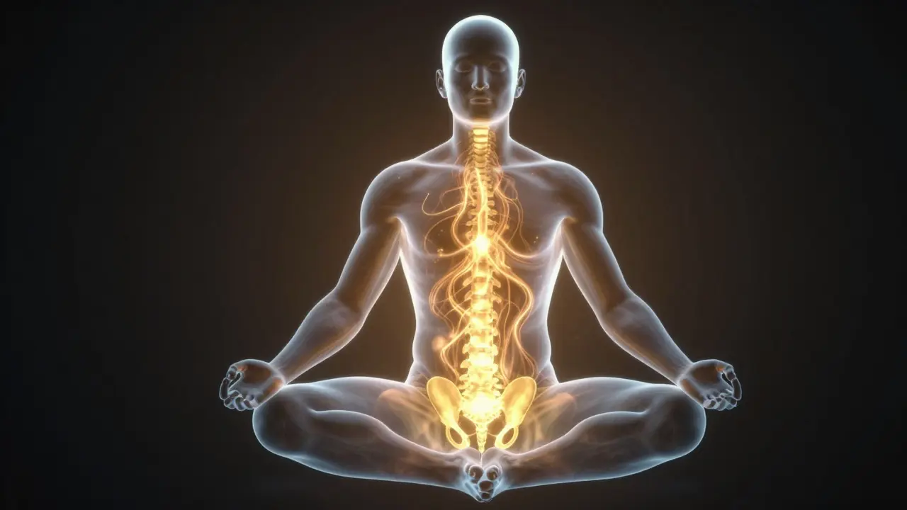 Golden energy flowing through a male silhouette in a meditative pose.