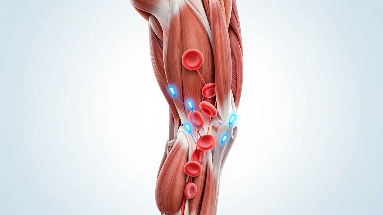 Illustration showing increased blood flow and nerve signal modulation in muscles.
