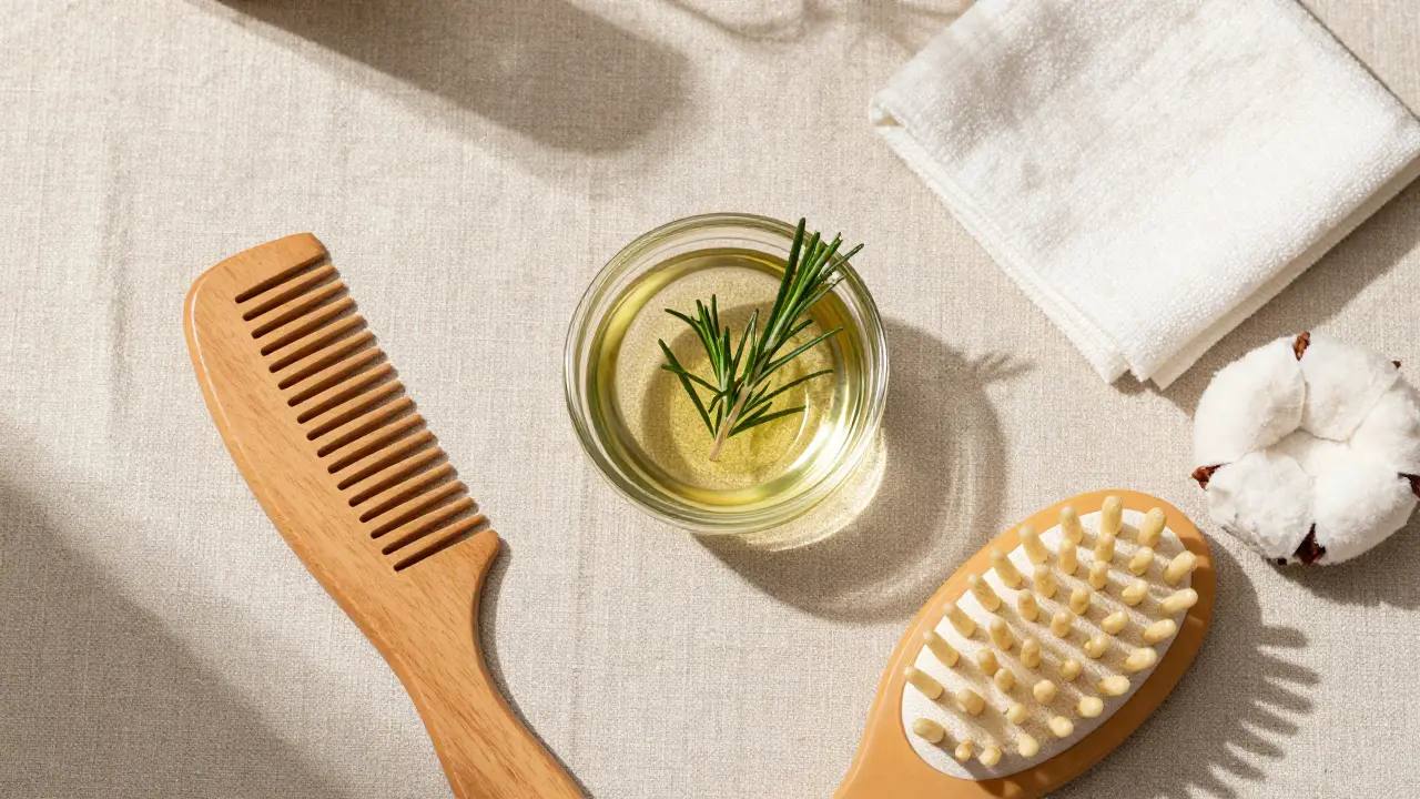 Jojoba oil, rosemary, and scalp massage tools on linen
