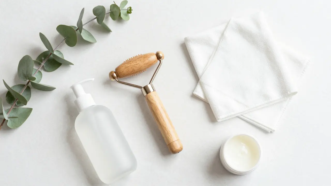 Massage device with cleaning supplies on counter