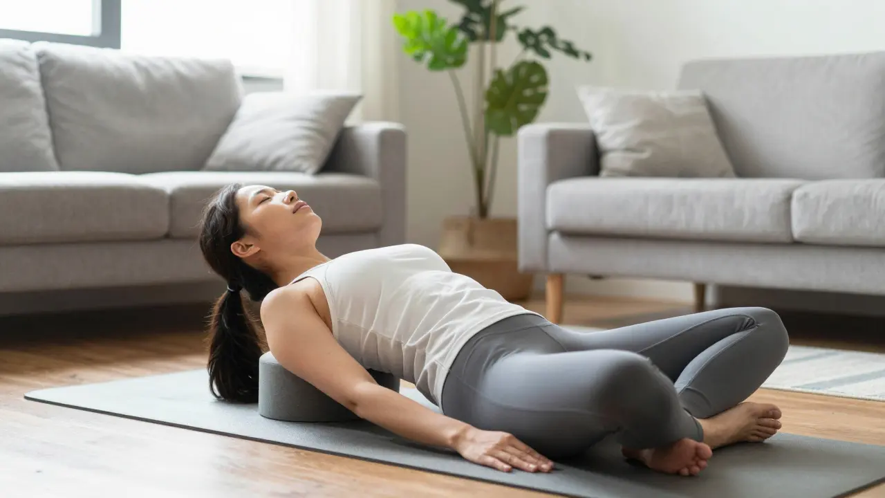 Person doing gentle self-care exercises in sunlit living room