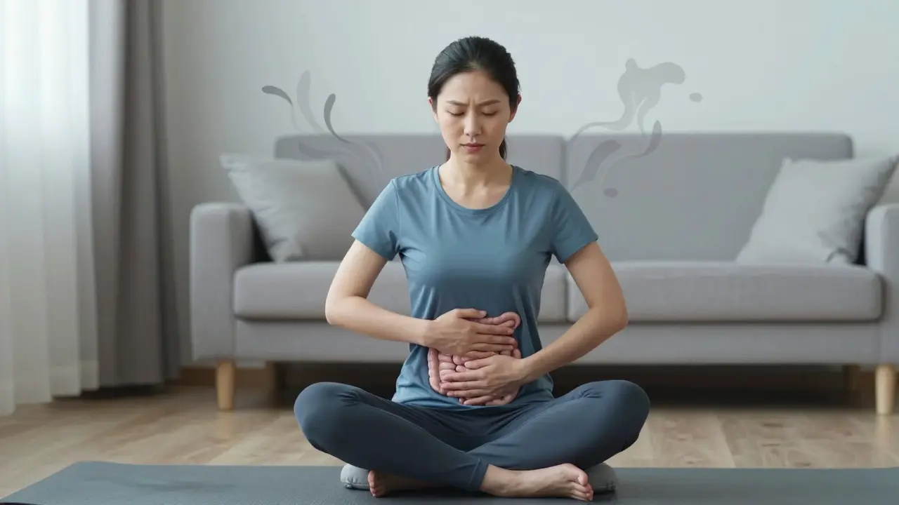 Person meditating with hands on stomach for self-care practice