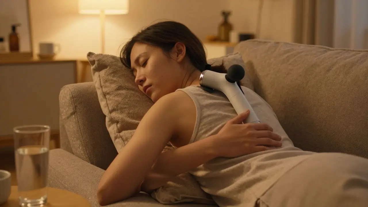 Person relaxing on a sofa using a massage device for stress relief at night.