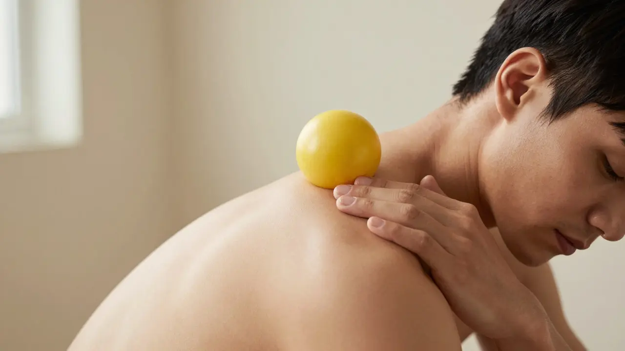 Person using a lacrosse ball against a wall to apply pressure to a back trigger point.