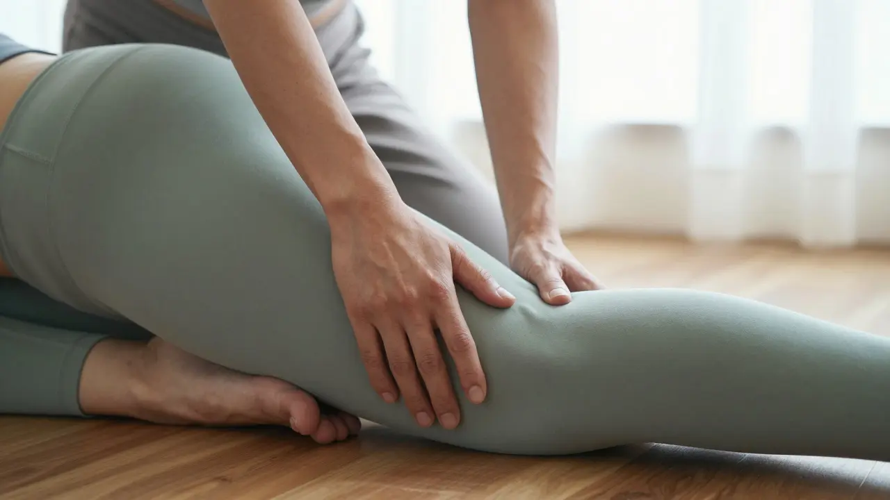 Practitioner guiding client in gentle assisted stretch on floor