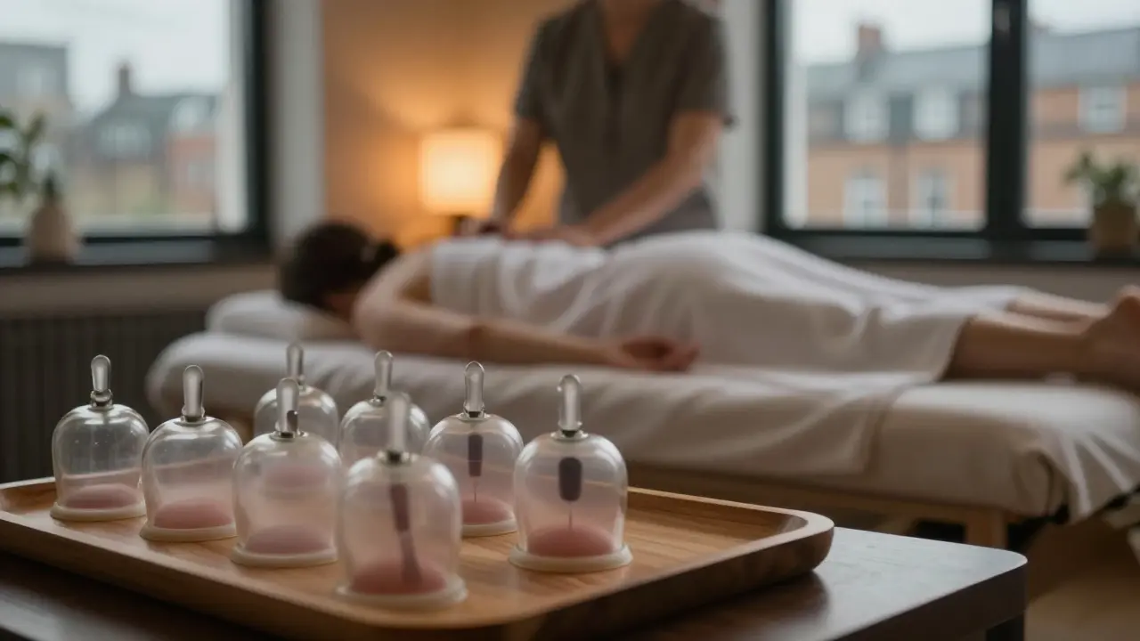 Serene wellness clinic with cupping tools and a client resting on a table.
