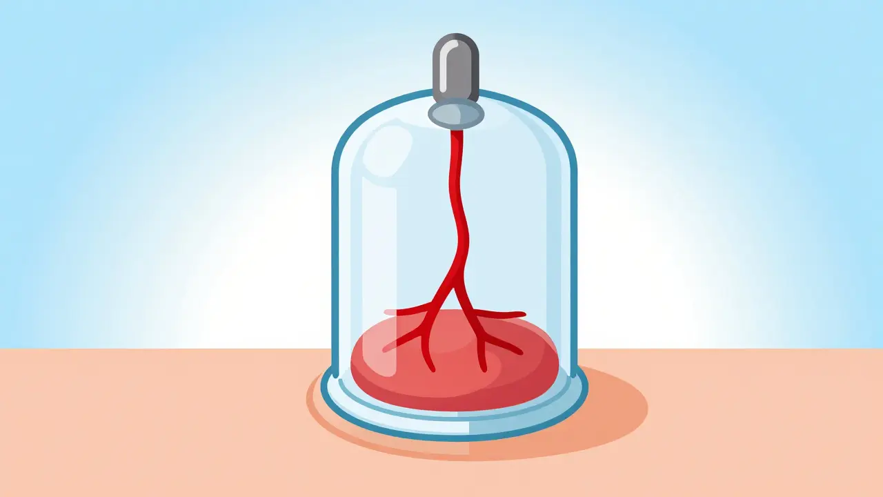 Vector illustration showing suction lifting skin and expanding blood vessels.