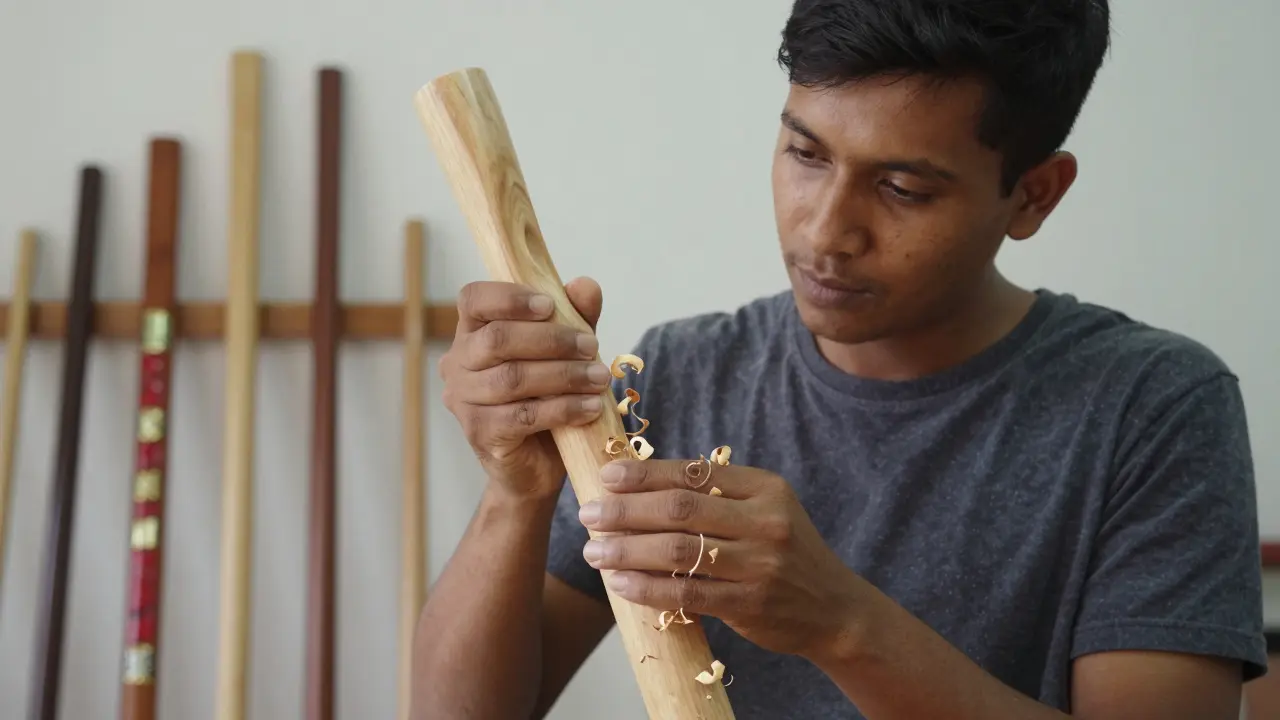 Young artisan carving a wooden rungu with tools and wood shavings.