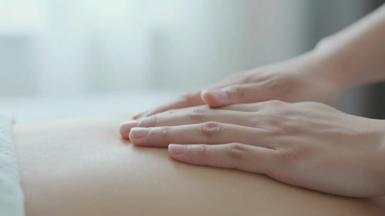 Close-up of hands performing gentle, feather-light touch strokes