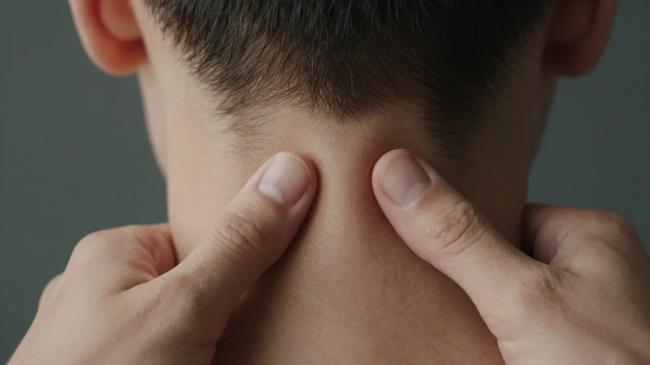 Hands massaging the base of the skull to relieve tension