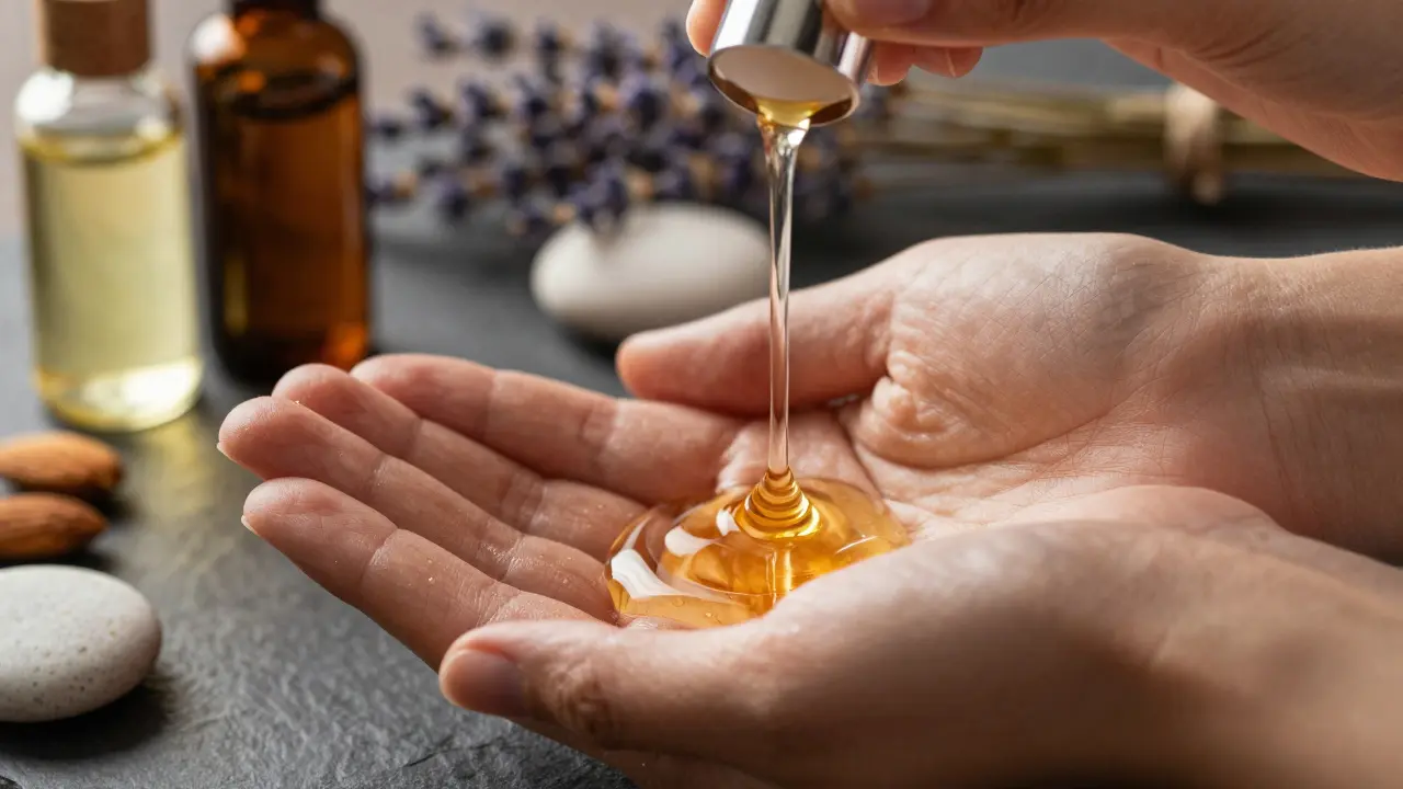 Hands pouring warm golden massage oil onto a palm with spa tools