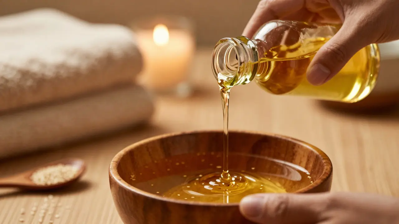 Hands warming sesame oil for Ayurvedic massage