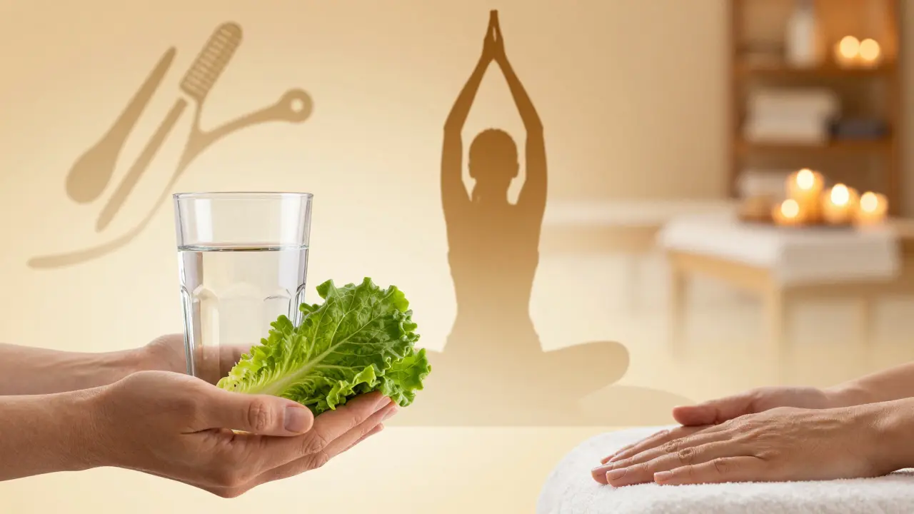 Holistic migraine care concepts including hydration, yoga, and professional therapy.